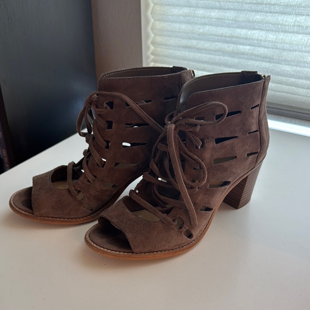 Vince Camuto Brown Lace-Up Heeled Open Toe Booties